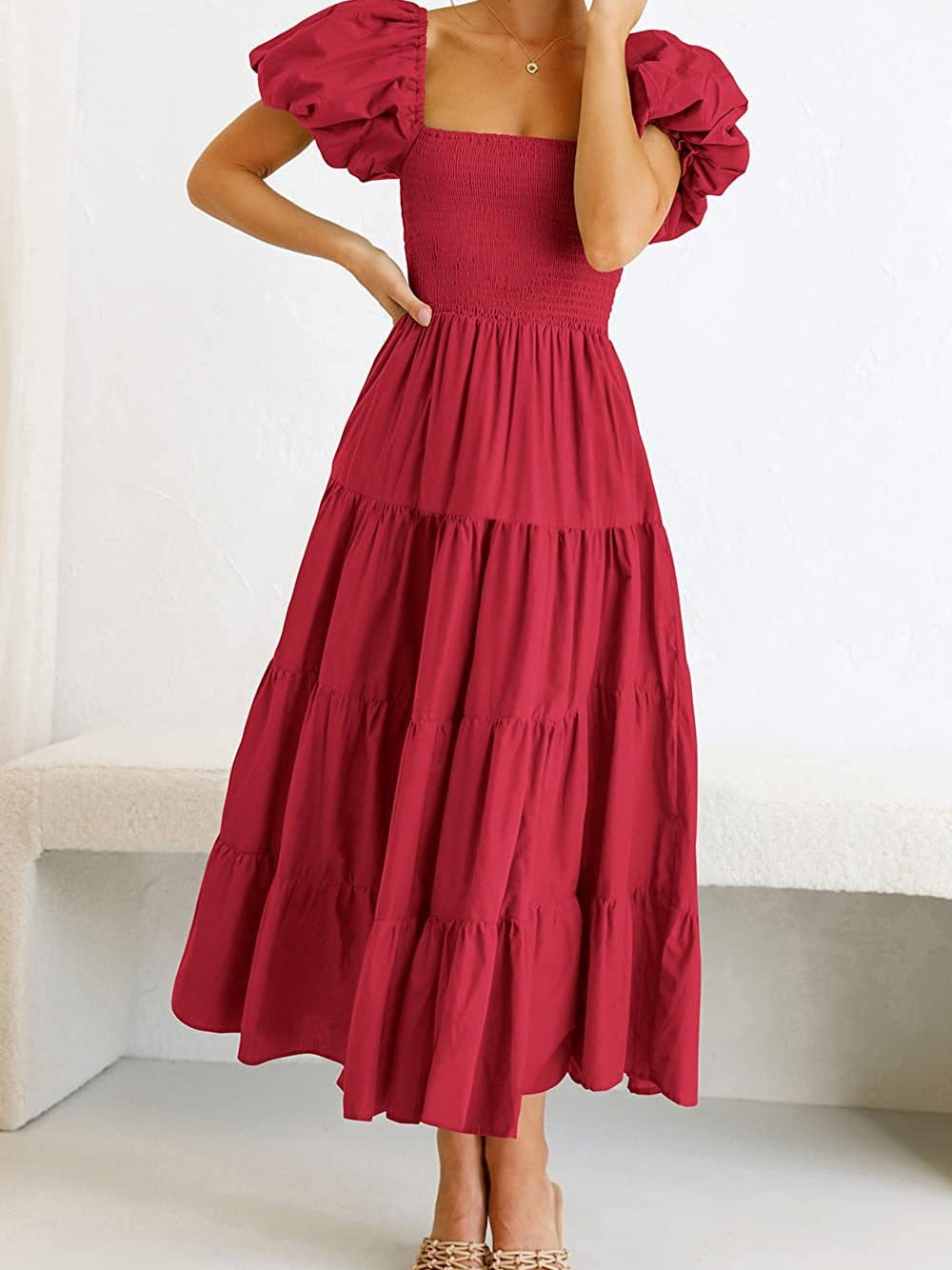 Square Neck, Backless, Puff Sleeve, Pleated Short-sleeved Long Dress