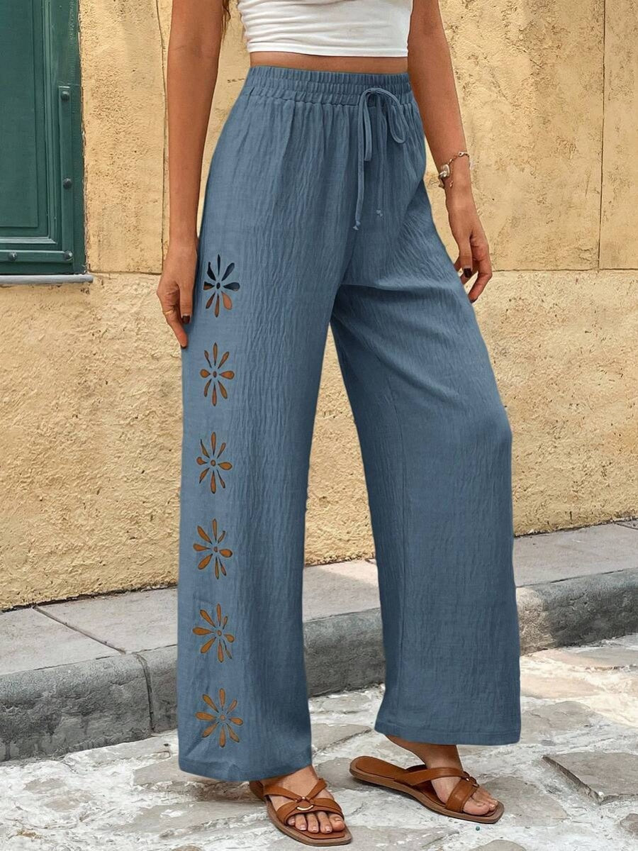 Minimalist Style Drawstring Hollow-out Solid Color Loose Wide-leg Trousers