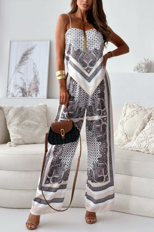 Tie Knot Backless Cami Top Wide Leg Pants Printed Set