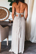 Halter Tie Knot Backless Ruched Swing Maxi Vacation Dress