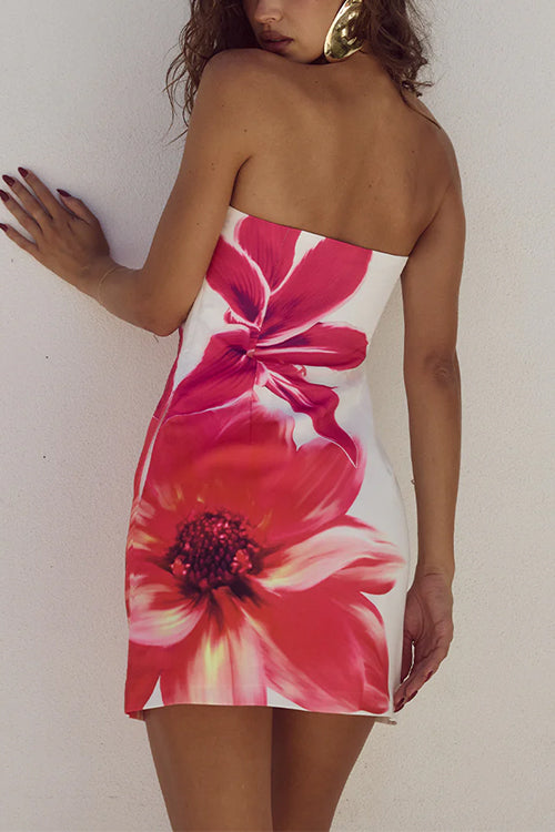 Strapless Tube Pocketed Lily Print Mini Dress