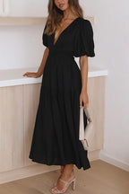 V Neck Lantern Sleeves Waisted Ruffle Maxi Dress