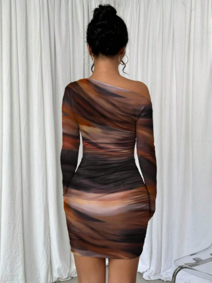 Pleated Slim-fit Hip-hugging Slant Collar Printed Mini&Short Dresses