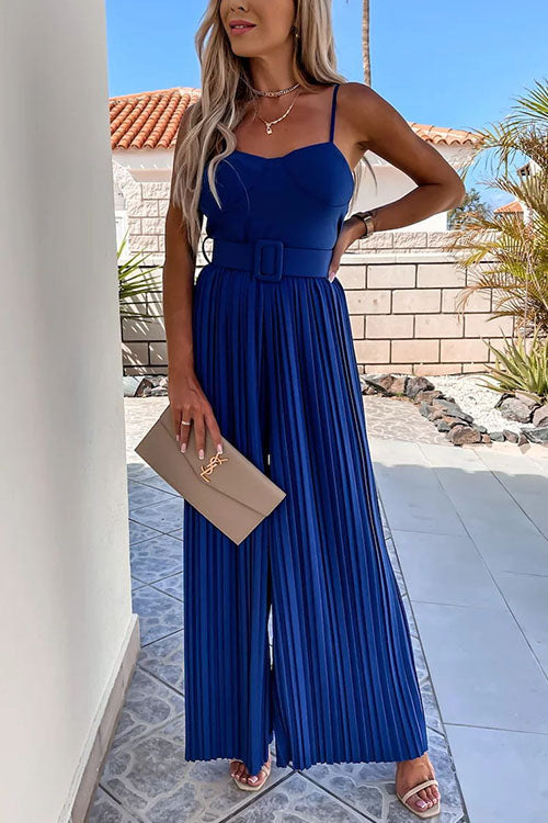 Spaghetti Strap Belted Pleated Wide Leg Jumpsuit