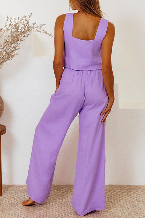 Square Collar Crop Tank Top Tie Waist Wide Leg Pants Cotton Linen Set