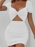 Hollow-out Pleated Puff Sleeve Bodycon Mini Dress