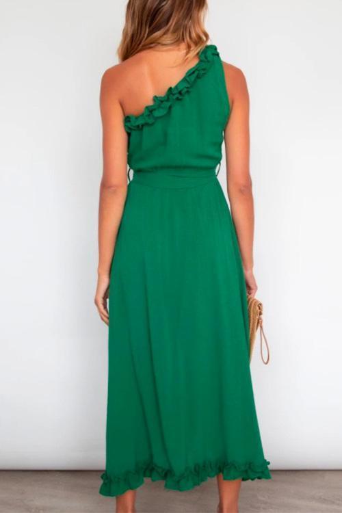 One Shoulder Sleeveless Tie Waist Ruffle Swing Dress