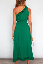 One Shoulder Sleeveless Tie Waist Ruffle Swing Dress