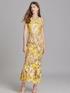 Embroidered 3D Floral Fitted Waist Short-sleeved Long Dress