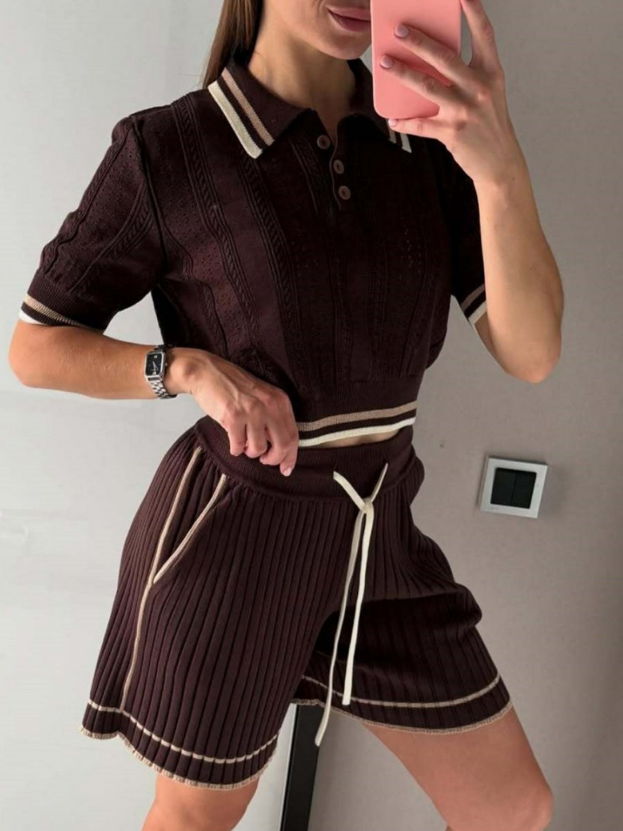 Academic Style Lapel Ice Silk Short Cardigan Color-blocked Drawstring Shorts Set 2-piece Sets