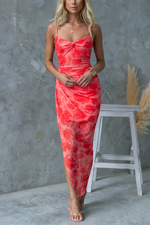 Twist Front Side Slit Mesh Overlay Printed Maxi Cami Dress