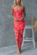 Twist Front Side Slit Mesh Overlay Printed Maxi Cami Dress