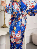 Printed V-neck Cardigan With Belt Midi Dresses