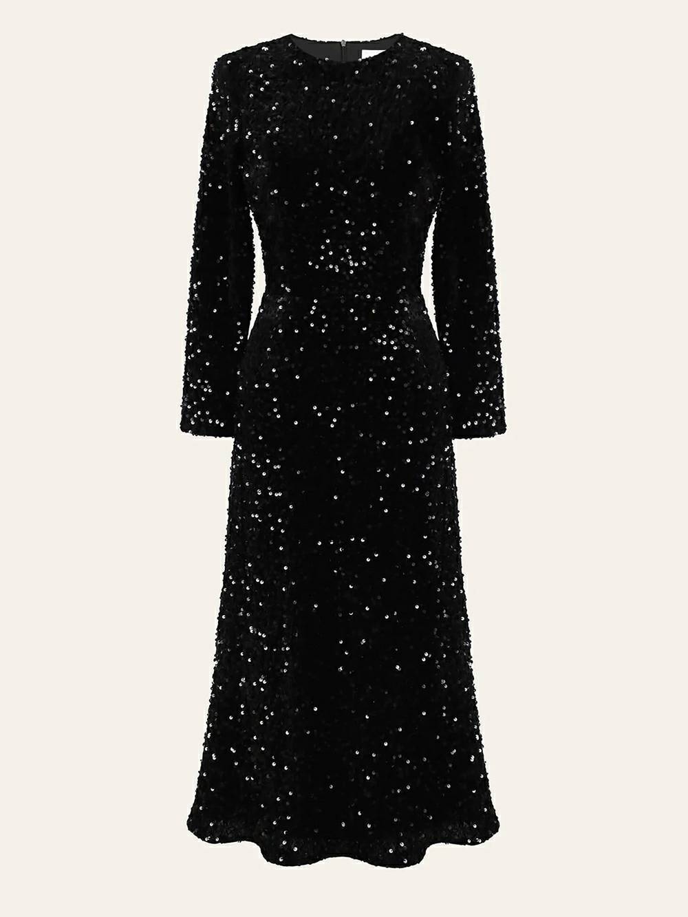 Crew Neck Long Sleeve Allover Sequin Bodycon Midi Dress