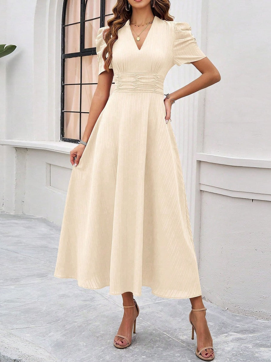 Pleated Waist Short Sleeve Maxi Dresses