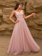 V-neck Embroidery Sequins Elegant Gauze Formal Dress Maxi Dresses