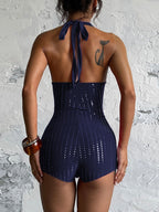 Slim-fit Rhinestone Deep V Backless Jumpsuit