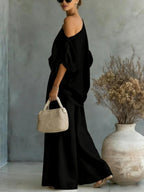 Loose-fit Off-shoulder Jacket Wide-leg Pants Set 2-piece Sets