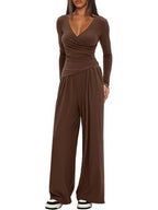 Long Sleeve V-neck T-shirt Loose-fit Wide-leg Pants Leisure 2-piece Sets