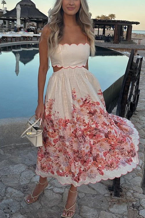 Back Lace-up Cut Out Floral Print A-line Maxi Cami Dress