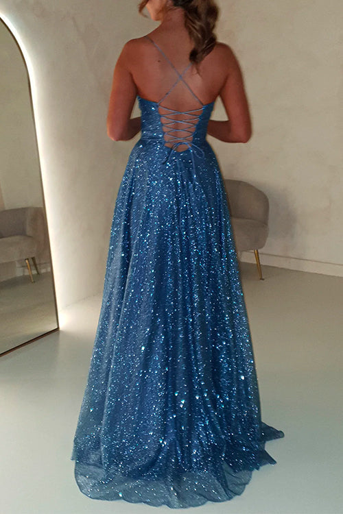 Lace Up Backless High Slit Corset Glitter Maxi Gown Dress
