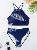 Feather Print Two-Piece Swimsuit With Sun Protection And Skirt (Three-Piece Set)