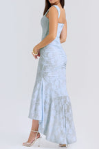 Off Shoulder Corset Jacquard Ruched High Low Maxi Dress