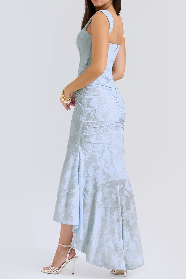Off Shoulder Corset Jacquard Ruched High Low Maxi Dress