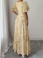 Floral Lotus Leaf Sleeves Sweetheart Collar Vacation And Leisure Maxi Dresses