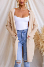 Open Front Pockets Solid Knitting Midi Cardigan