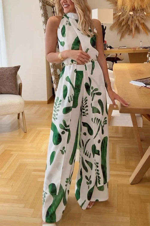 Mockneck Split Wrap Front Sleeveless Top and Wide Leg Pants Printed Set