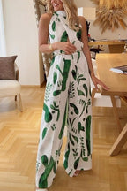 Mockneck Split Wrap Front Sleeveless Top and Wide Leg Pants Printed Set