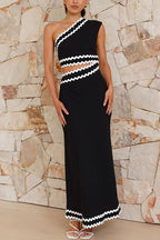 One Shoulder Cut Out Waist Ric Rac Color Block Maxi Dress