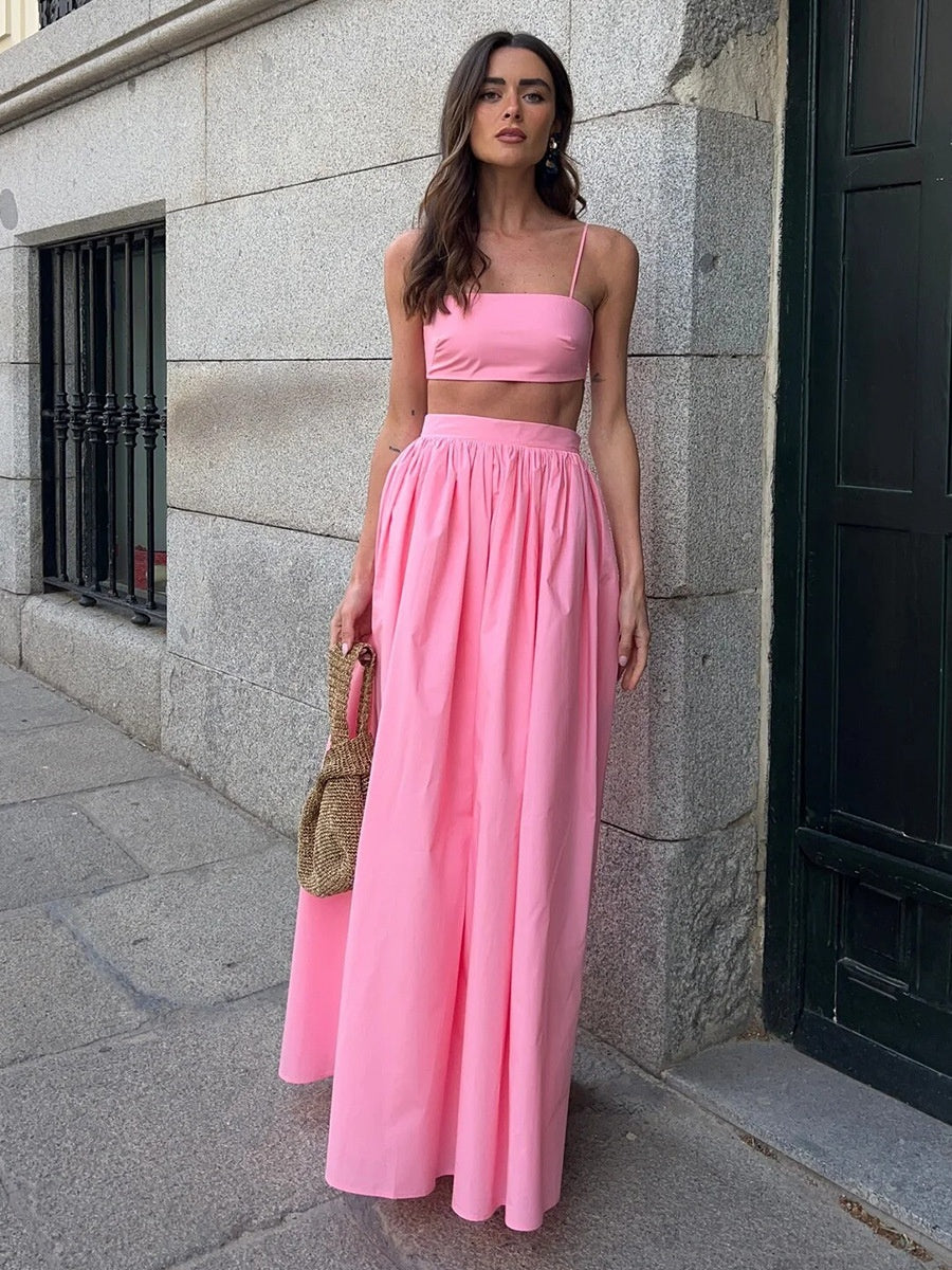 Pure Cotton Strapless Bra Jacket High-waisted Long Skirt Vacation Package 2-piece Sets