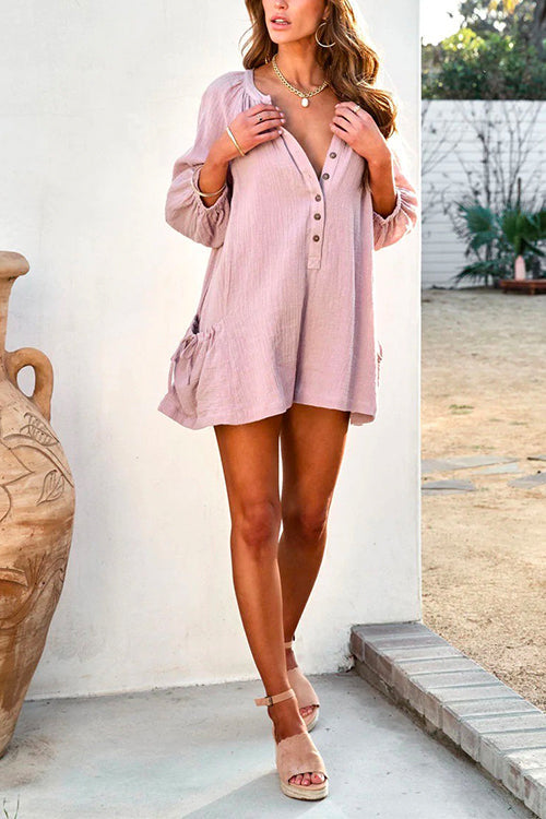 Solid Button Down Shorts Romper with Pockets
