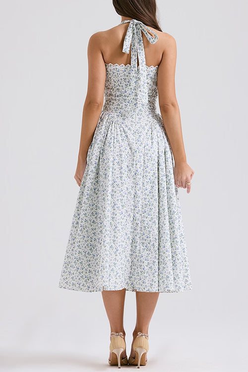 Halter Sleeveless Ruched Waist Floral Print Swing Midi Dress
