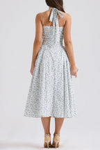 Halter Sleeveless Ruched Waist Floral Print Swing Midi Dress