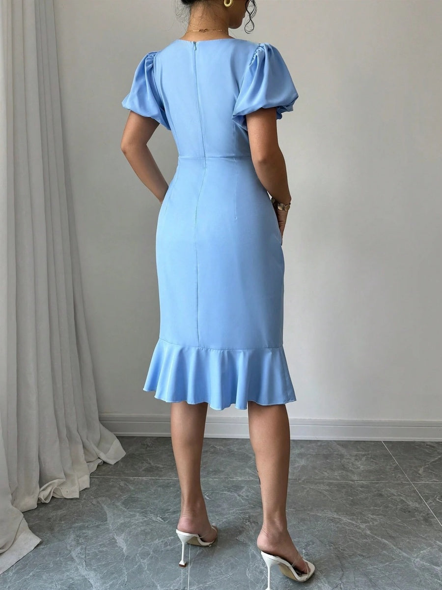 Round Neck Lantern Sleeve Ruffled Fishtail Midi Dress