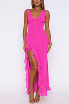 V Neck Sleeveless Ruffle Trim Slit Maxi Dress