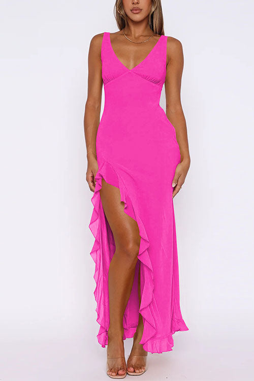 V Neck Sleeveless Ruffle Trim Slit Maxi Dress