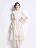 Water-soluble Lace Short-sleeved Slim-fit Midi Dress