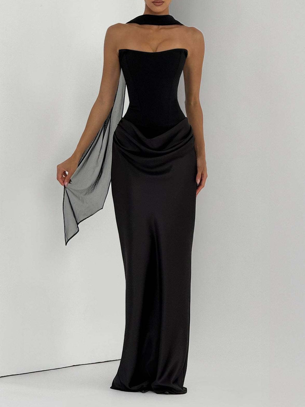 Satin Tie Ribbon Off-shoulder Sexy Strapless Bodycon Maxi Dress With Cinched Waist