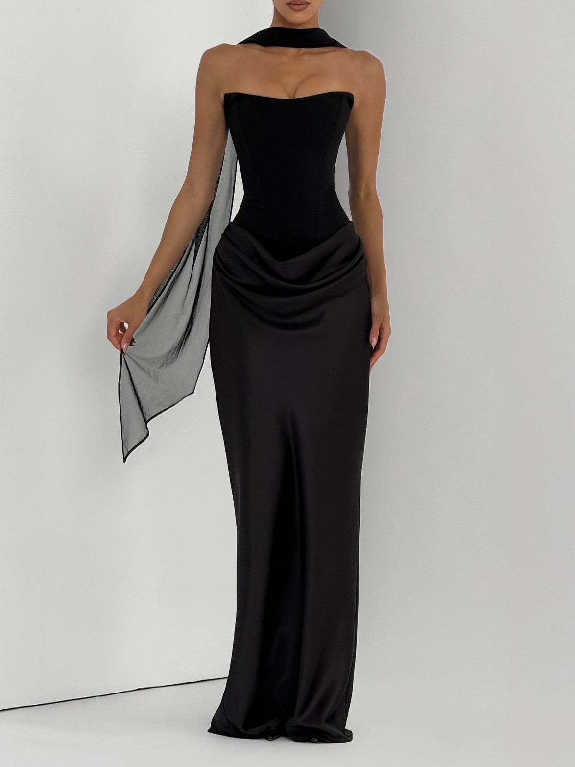 Satin Tie Ribbon Off-shoulder Sexy Strapless Bodycon Maxi Dress With Cinched Waist
