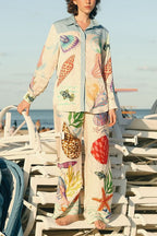 Tropic Print Long Sleeves Blouse Shirt Wide Leg Pants Set