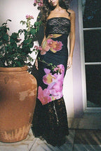 Strapless Lace Splice Floral Print Maxi Dress