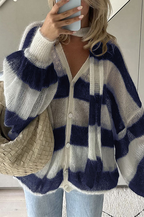 Lantern Sleeves Button Down Color Block Stripes Sweater with Scarf
