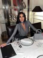 V-neck Slim Fit Pleated Decoration Base Layer Splicing Long-sleeved Bodysuit