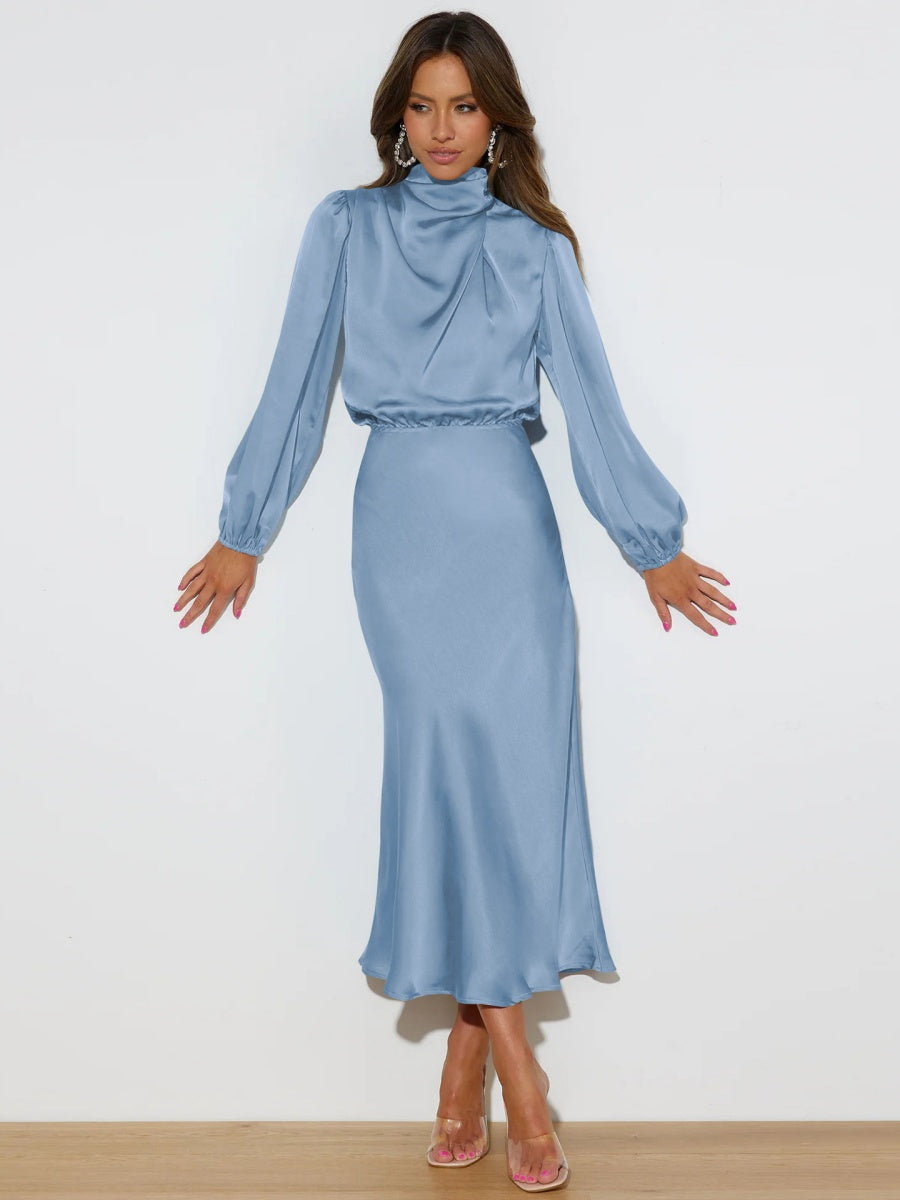 Satin Long Sleeve Zipper Solid Color Maxi Dresses
