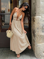 Stripes Color-blocked Splicing V-neck Hollow Maxi Dresses