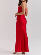 Satin Belted Strapless Off-the-shoulder Fishbone Pleated Long Bodycon Dress
